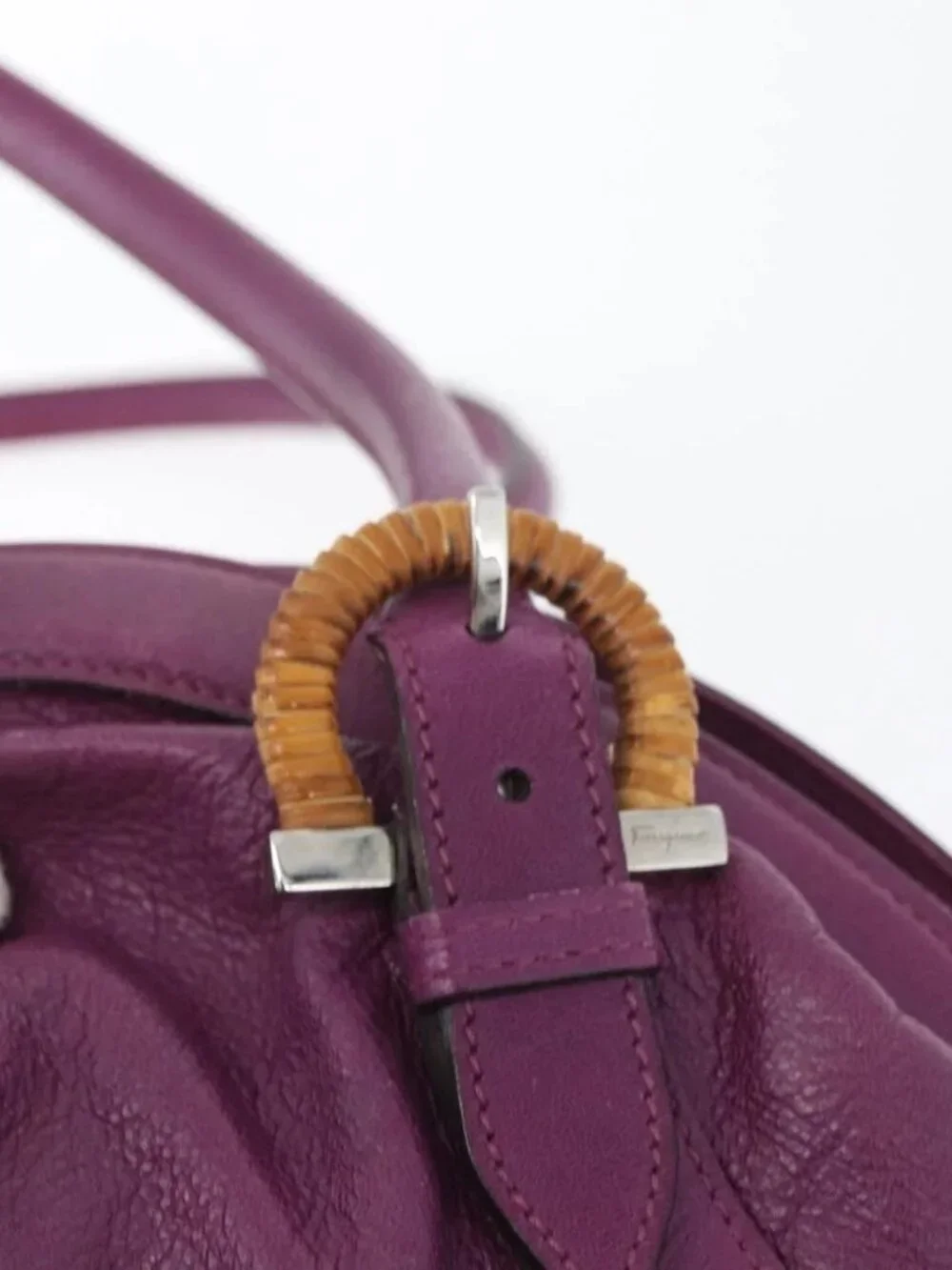 Salvatore Ferragamo Gancini Hand Bag Leather Purple Silver Auth LNZ629